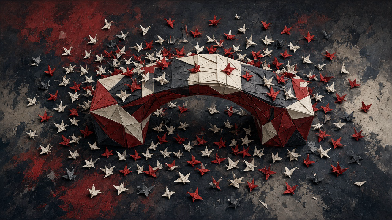 Seen from above, a swarm of red, ivory and grey origami cranes gathered around a large folded paper bridge