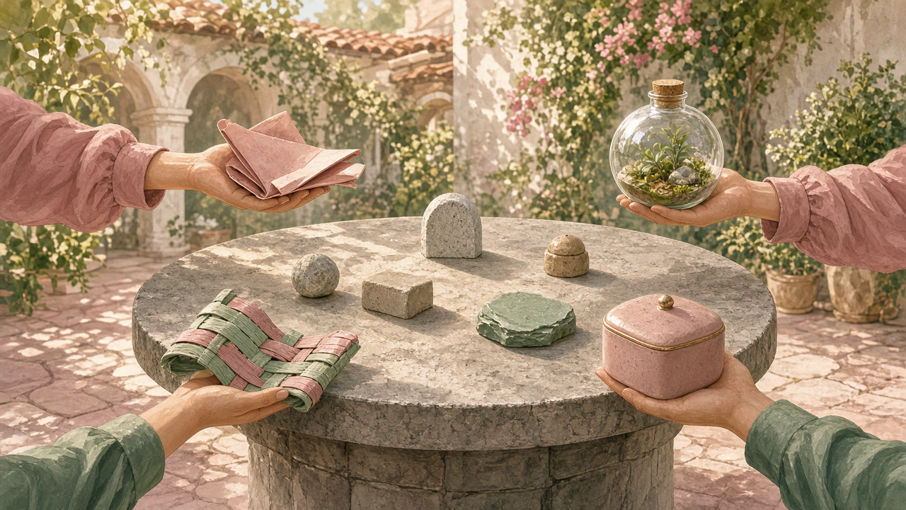 Four hands bring a folded cloth, a woven ribbon, a glass terrarium and a ceramic box to a shared round stone table in a sunlit courtyard