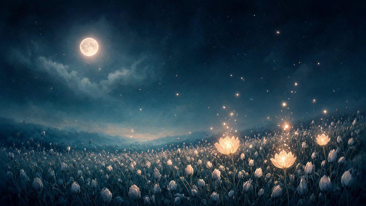 A moonlit meadow of thousands of closed, dimly glowing flower buds, with a few opened and shining as small lights drift upward