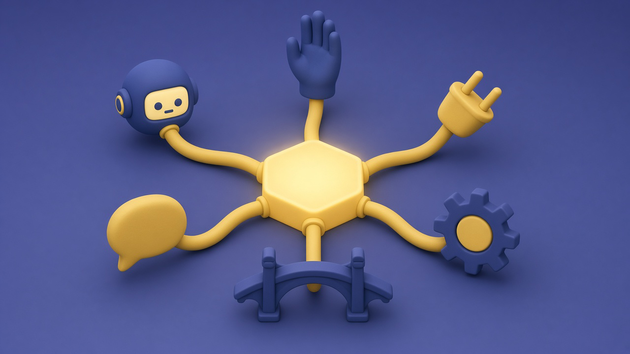 A glowing yellow hexagonal core on periwinkle, with six cables leading to a hand, a robot head, a plug, a gear, a speech bubble and a bridge