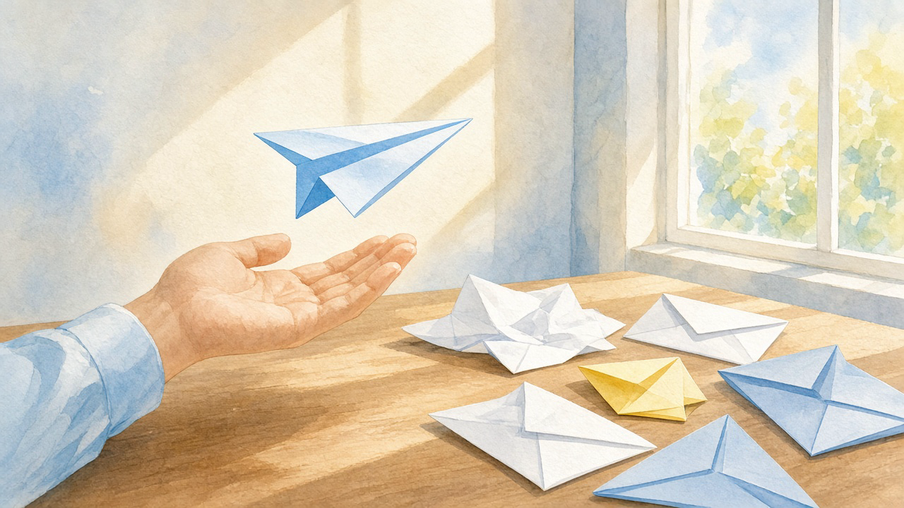 A small paper airplane hovering just above an open hand, waiting for a nod before it takes off across a desk scattered with letters