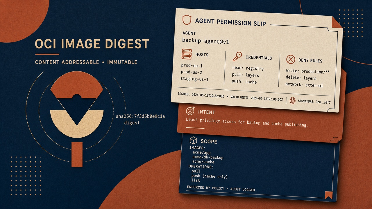 Conceptual OCI image labeled with agent tools and typed permission requests