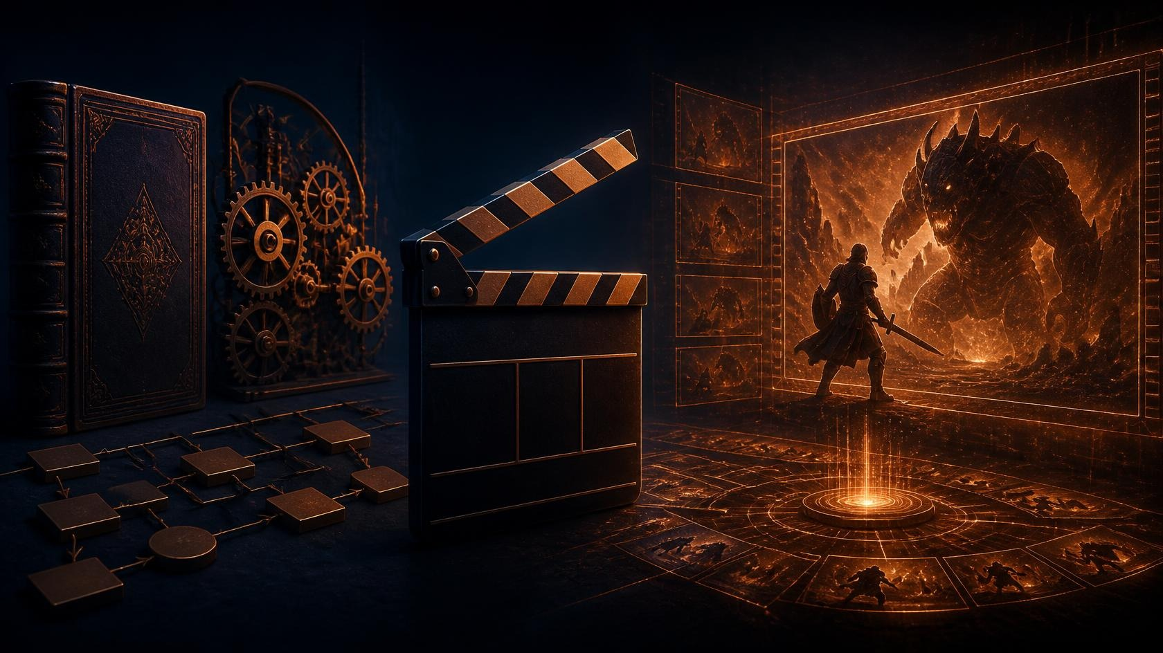 A director's clapboard standing between a rulebook and a video world-model stage