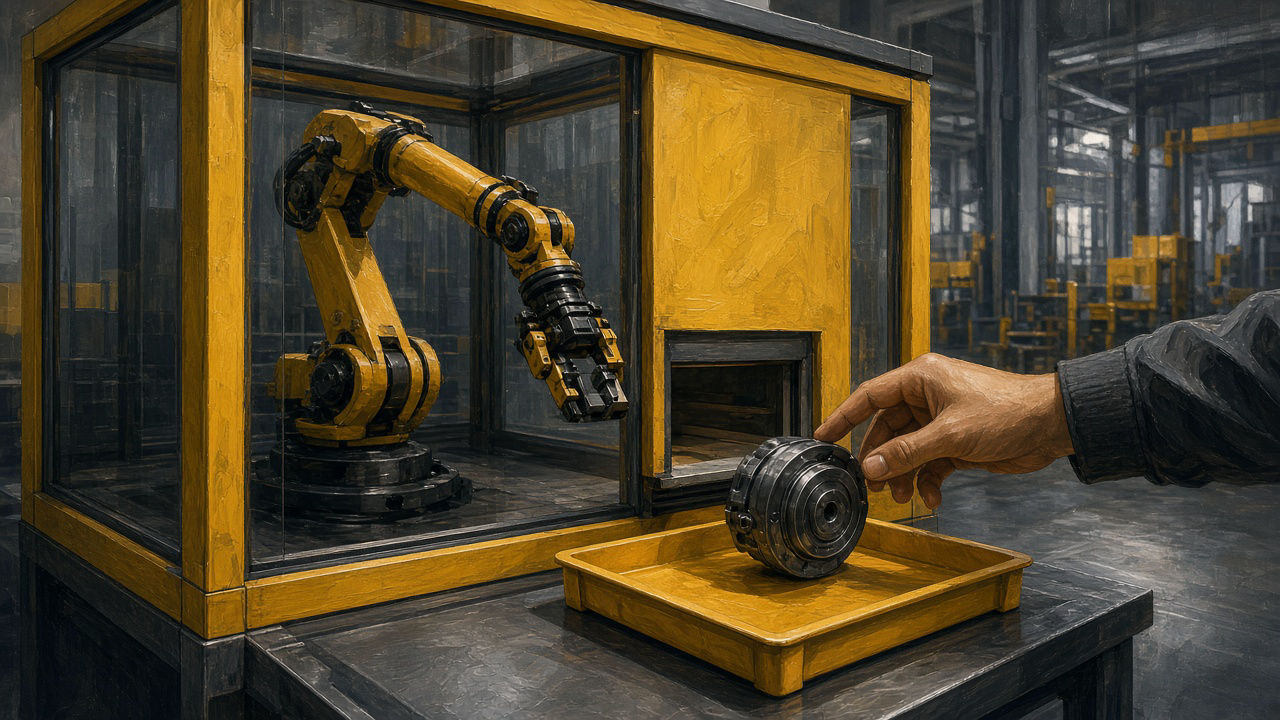 A yellow robotic arm working inside a glass-walled cabinet on a factory floor, with a finished part passed out through a narrow hatch to a tray where a human hand reaches to check it