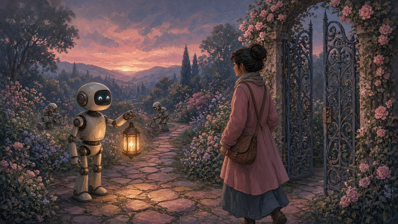 A small robot guide holds out a lantern to a woman at a rose-covered garden gate at twilight, with helper robots on the path behind
