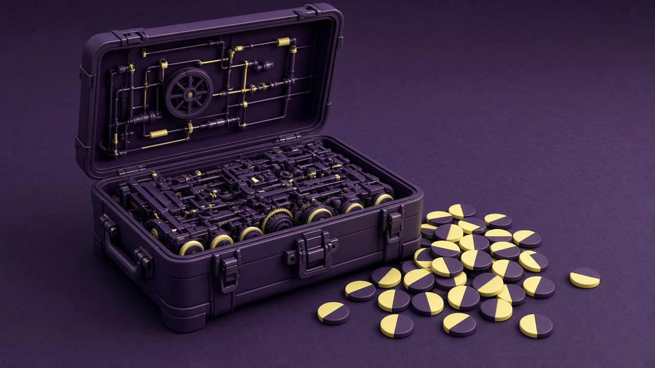 A large machine packed into a compact aubergine case with two-tone coins spilling beside it