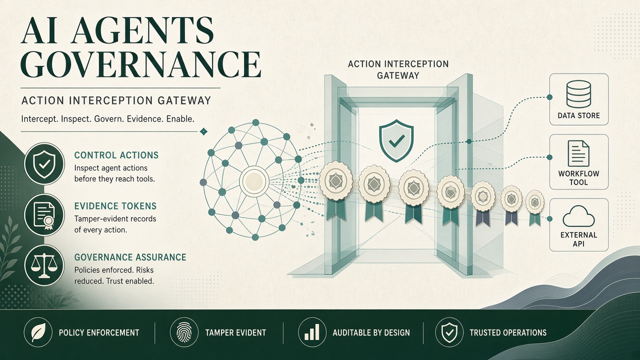 Conceptual illustration of cryptographic evidence tokens flowing from an AI agent gateway