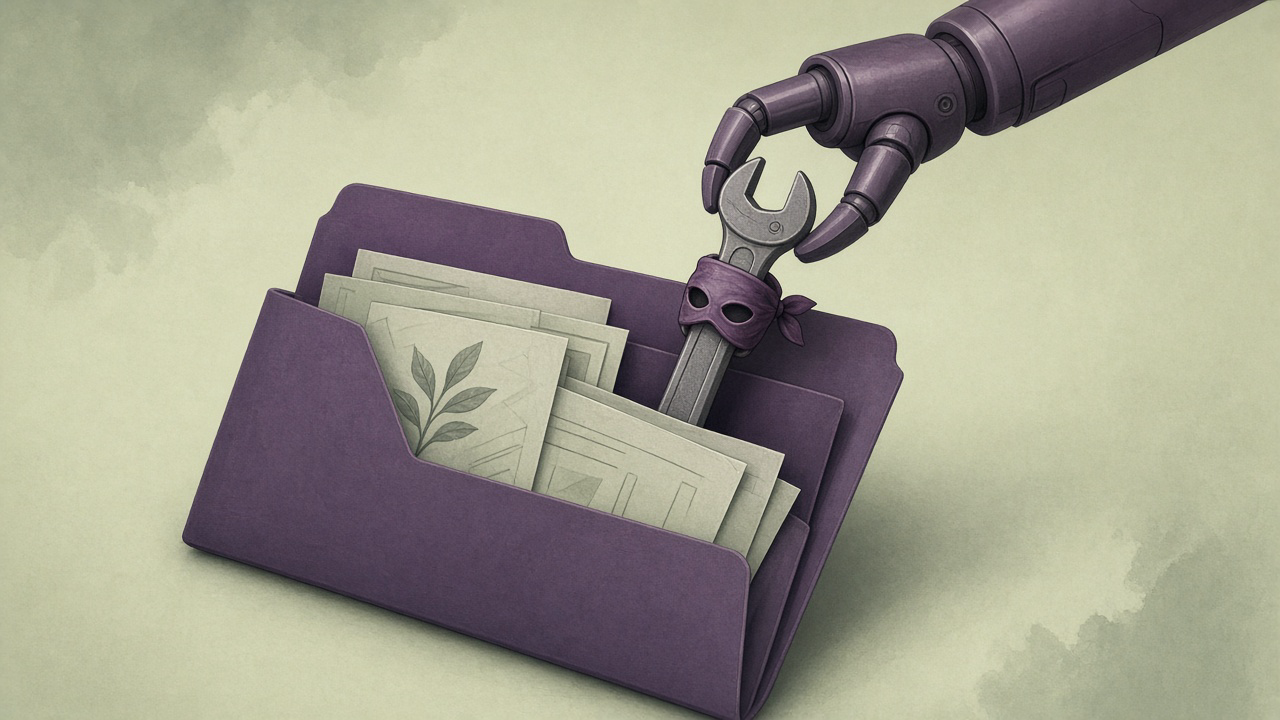 A purple project folder hiding a masked wrench among its papers as a robotic arm reaches in