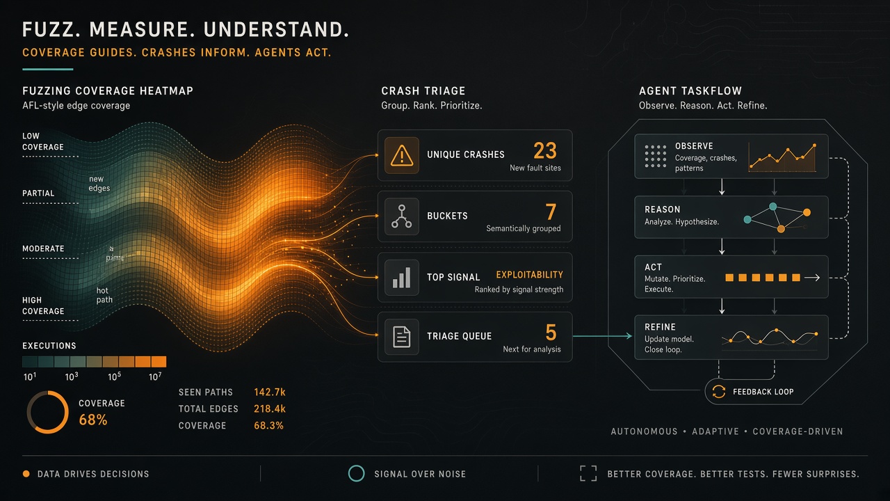 Abstract coverage heatmap and crash triage flowing from an agent pipeline