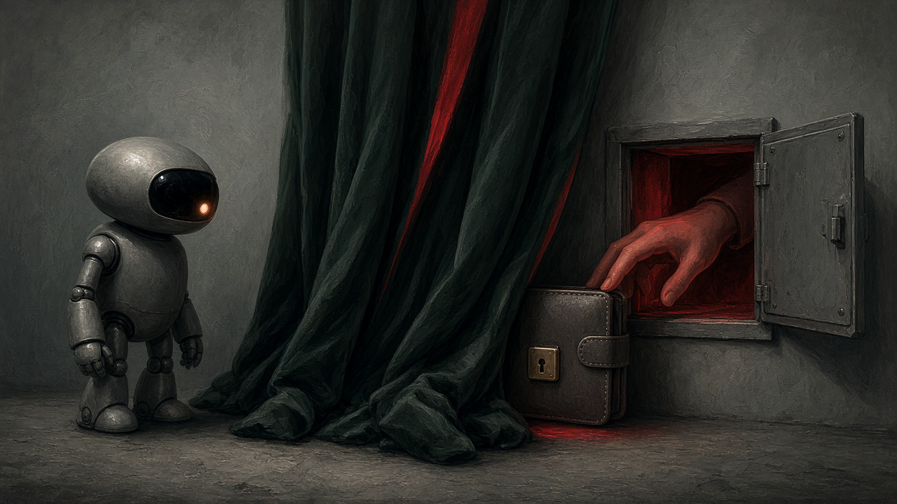 A curtain hides a locked wallet from a small robot while a hand reaches it through an open service hatch