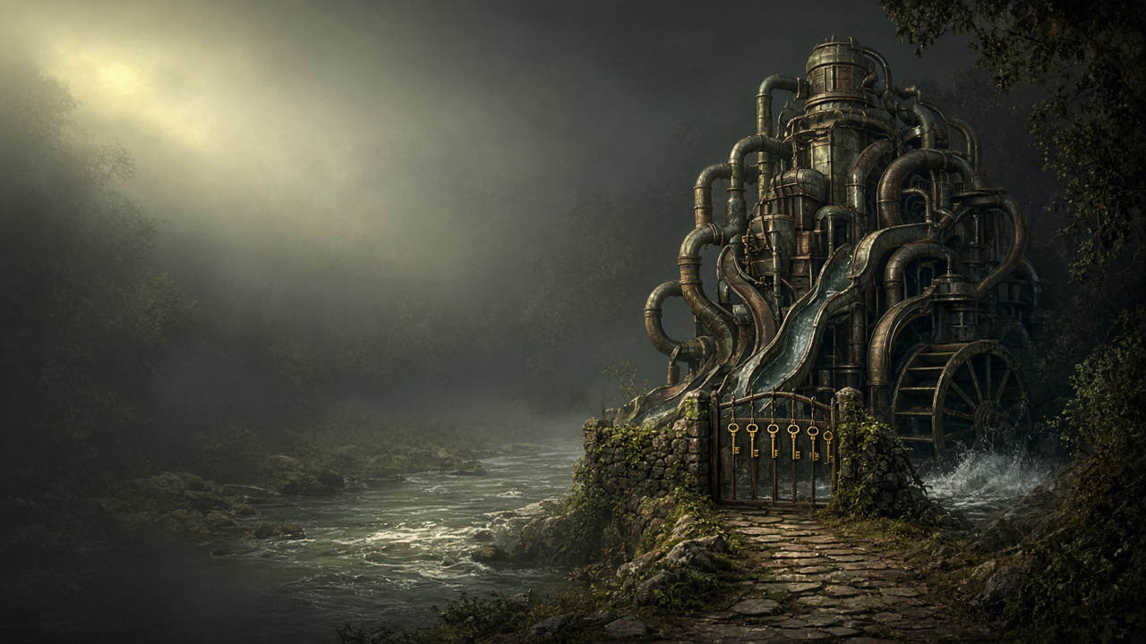 A misty riverside mill built from tangled pipes, with six brass keys hanging openly on its gate beside a stone path