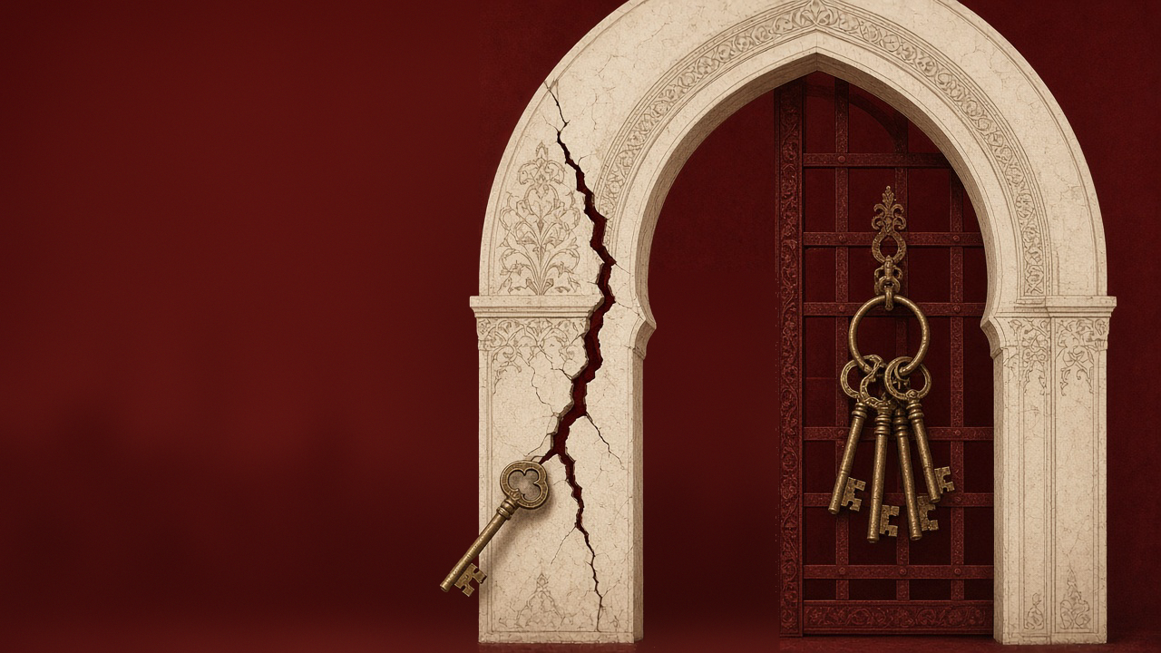 A cracked ivory gateway arch with one brass key slipping through the crack while a ring of keys hangs on the gate inside, on oxblood red