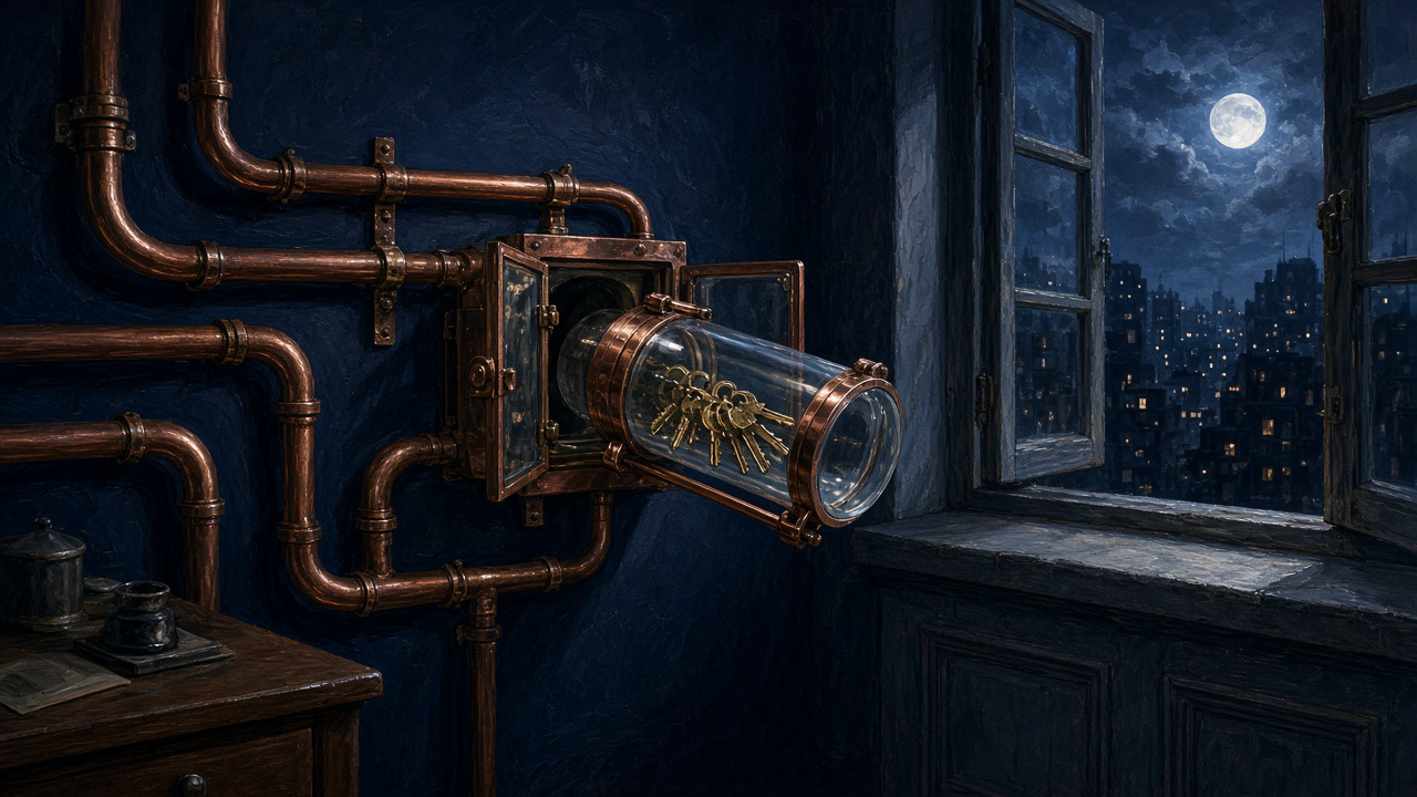 A copper pneumatic tube on a navy wall where one glass canister holding a ring of brass keys has been diverted through an open hatch toward a night window