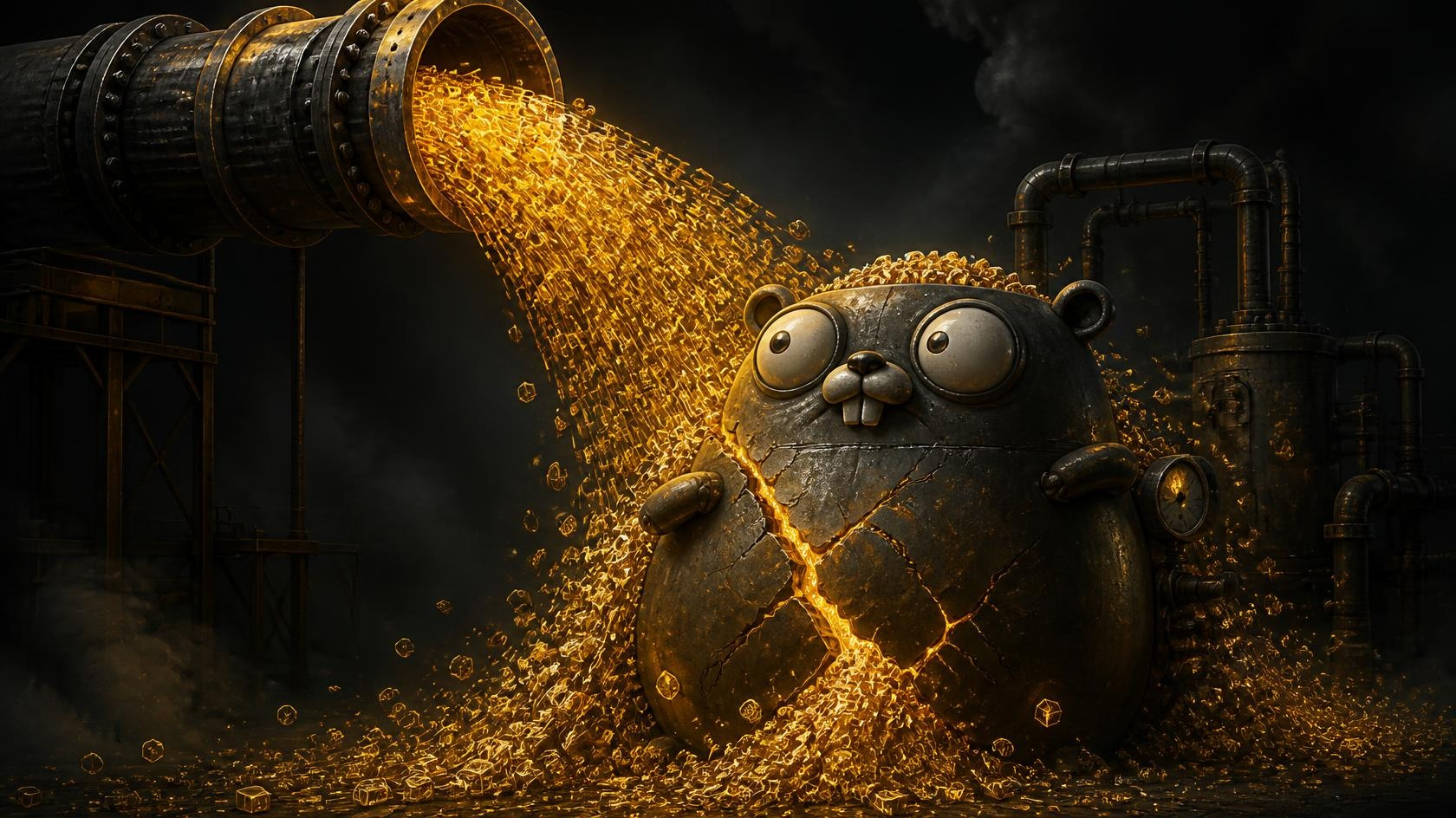 An open pipe pouring an endless stream of packets into a Go process until memory overflows