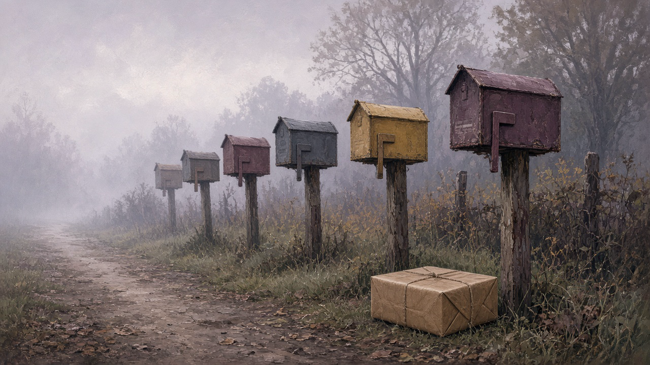 Old wooden mailboxes on a foggy country lane with their flags down, while a sealed parcel sits unnoticed on the ground beside them