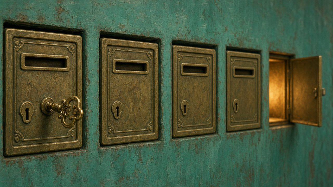 A brass key cut to fit a row of identical mailbox locks, one unmarked box at the end of the row standing slightly open