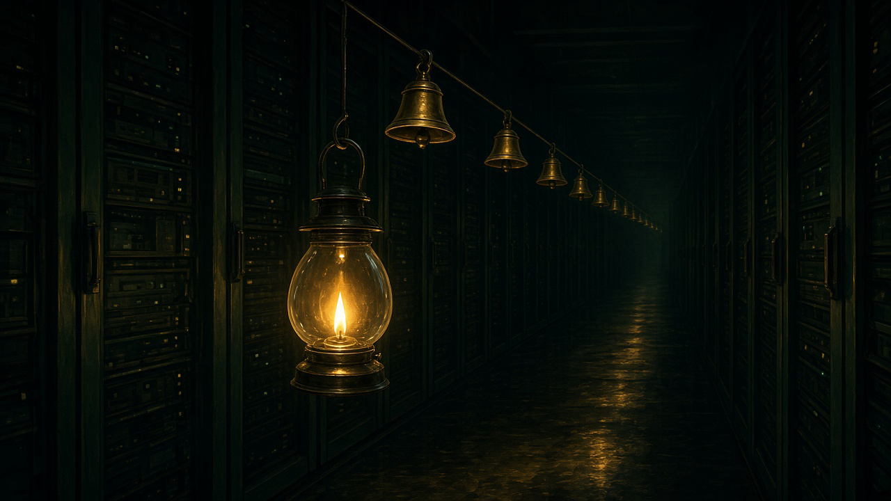 A night watchman's lantern hanging beside a wall of server racks, with a row of small brass bells strung on a wire above the aisle