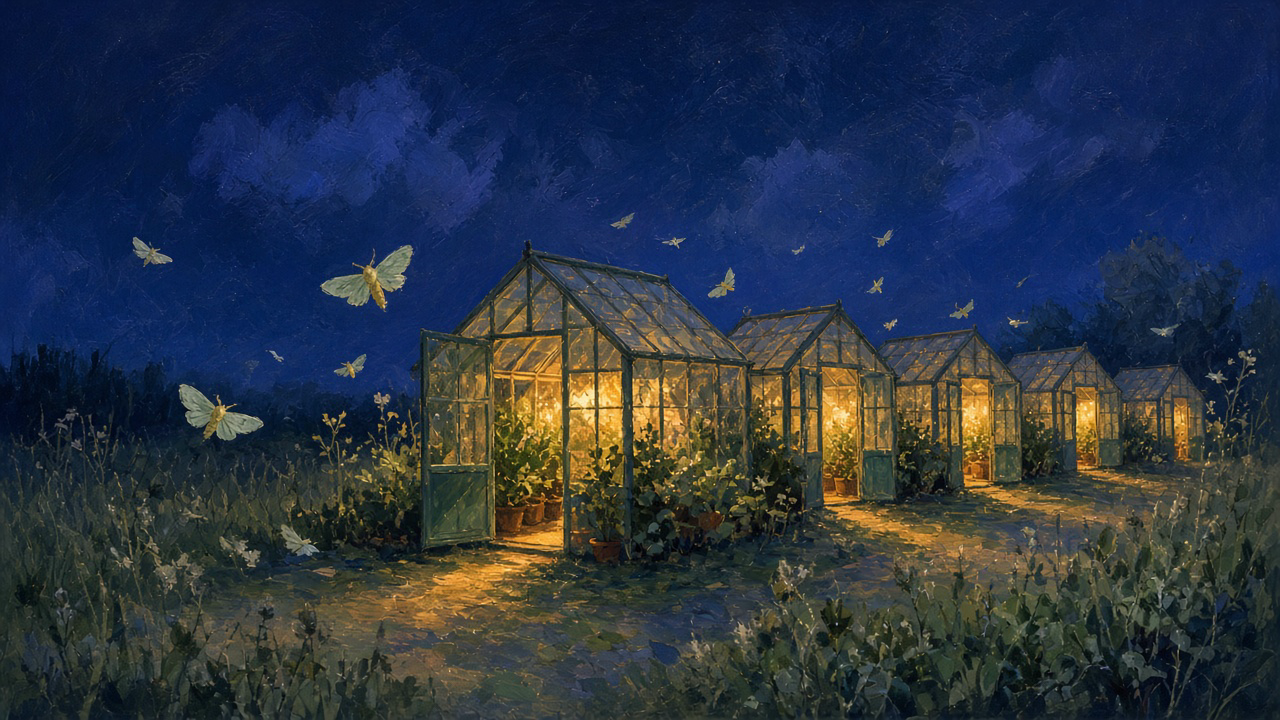A row of small glass greenhouses at night with their doors left wide open, warm light spilling out as moths drift in from the dark field