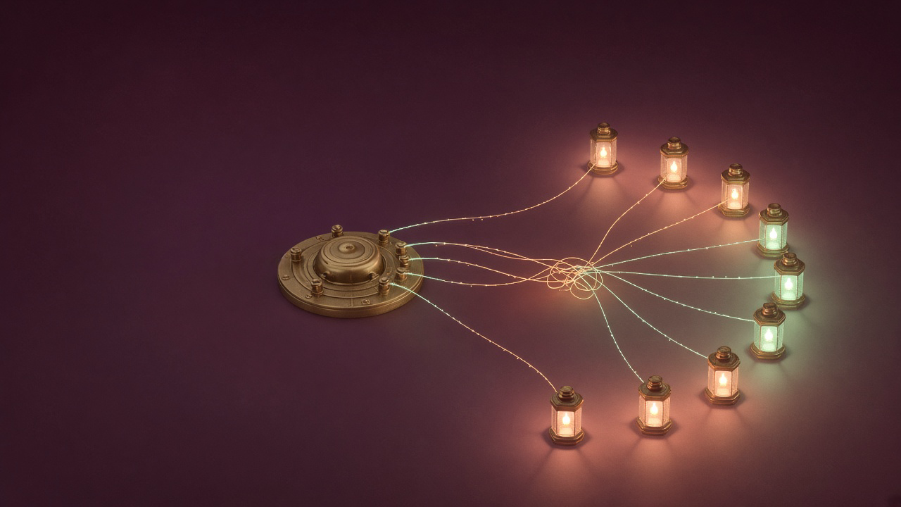 A round brass hub sends glowing threads to a semicircle of small lanterns, with the threads tangling in the middle so light from one lantern spills into others
