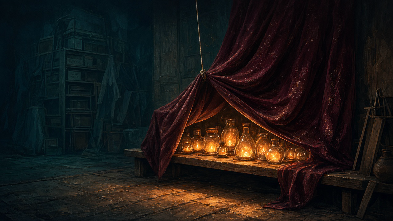 A rope from above pulls back a heavy velvet cover in a dark backstage workshop, revealing a shelf of glowing glass jars