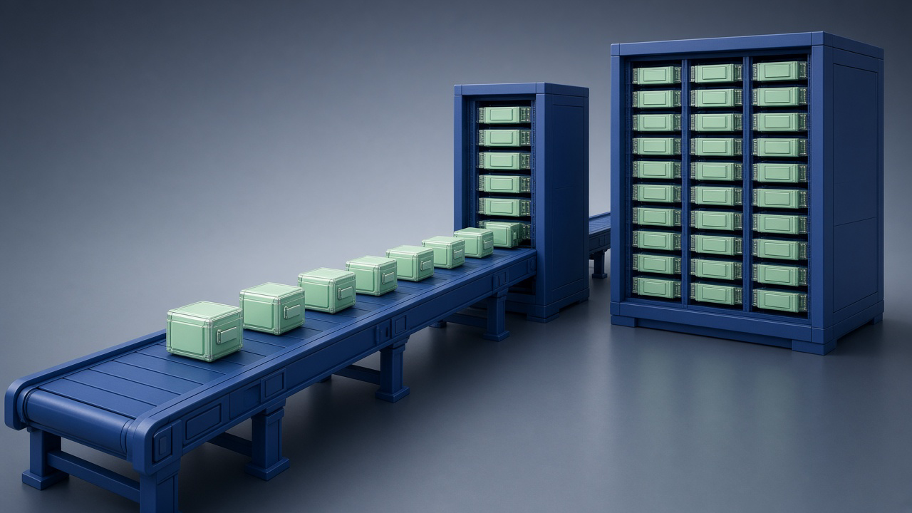 Parallel data lanes feeding identical training batches to GPU clusters of different sizes