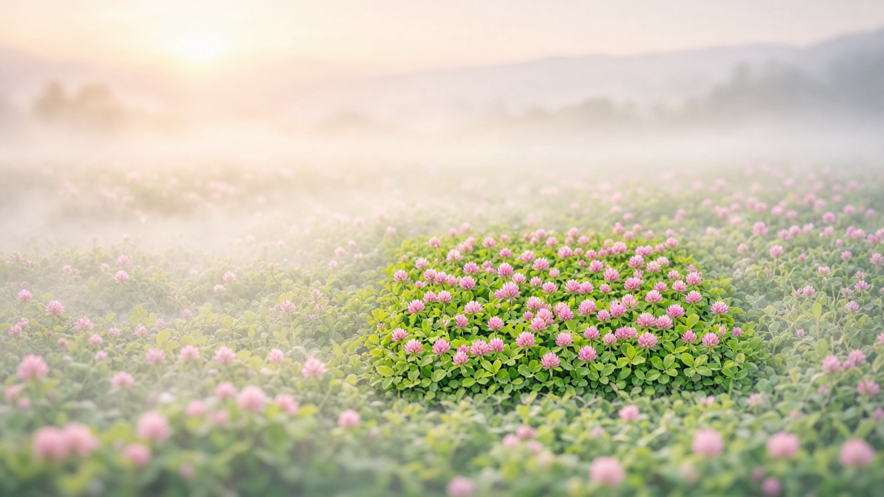A misty clover field at dawn where one block of pink blossoms has bloomed into sharp focus all at once while the rest of the field stays soft
