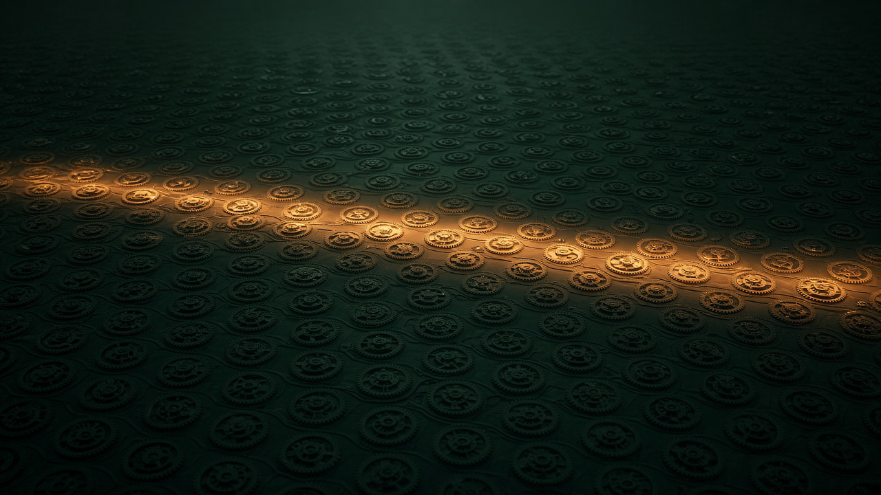 A dark green field of dormant gears with a single band glowing copper