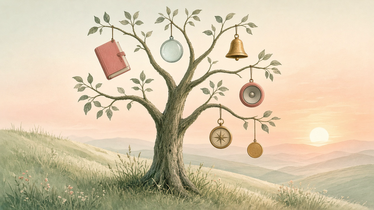 A single sturdy tree trunk splitting into six slender branches, each ending in a different small object: a book, a lens, a bell, a speaker, a compass and a coin