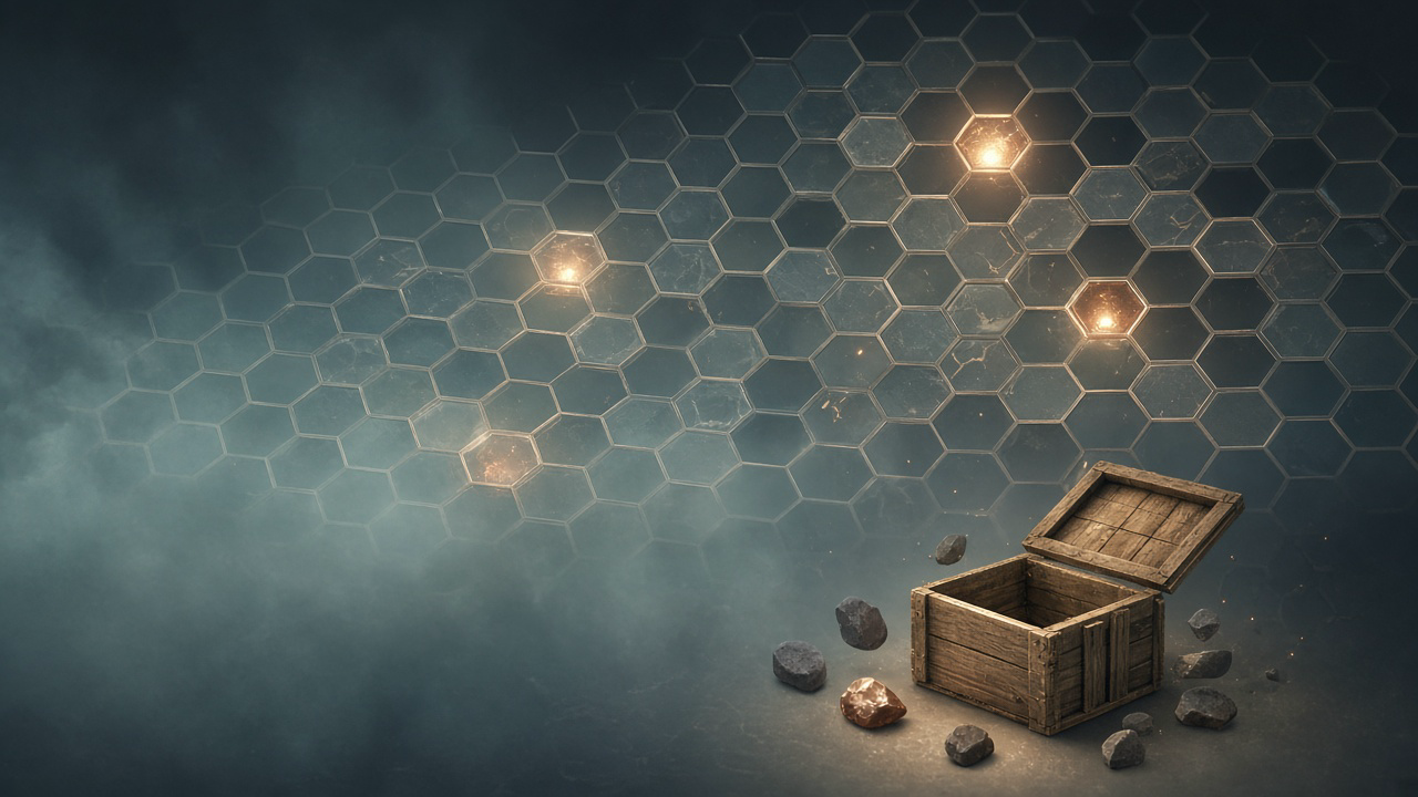 A vast lattice of glass hexagon cells with only a few lit, above an open wooden crate with its lid off