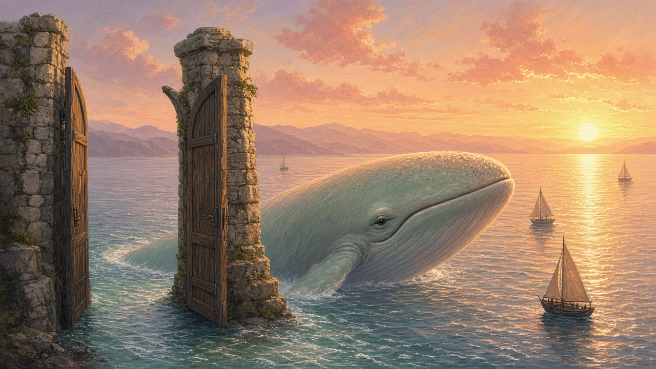 A huge gentle whale swims out through open stone harbour gates into the sea at sunrise, with small sailboats nearby