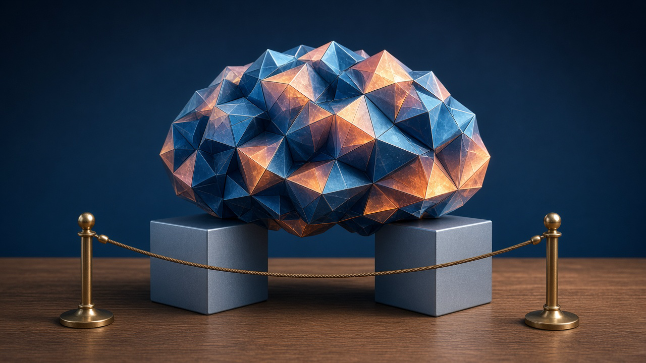 A large faceted blue and orange brain sculpture resting on two small aluminum cubes behind a brass rope barrier