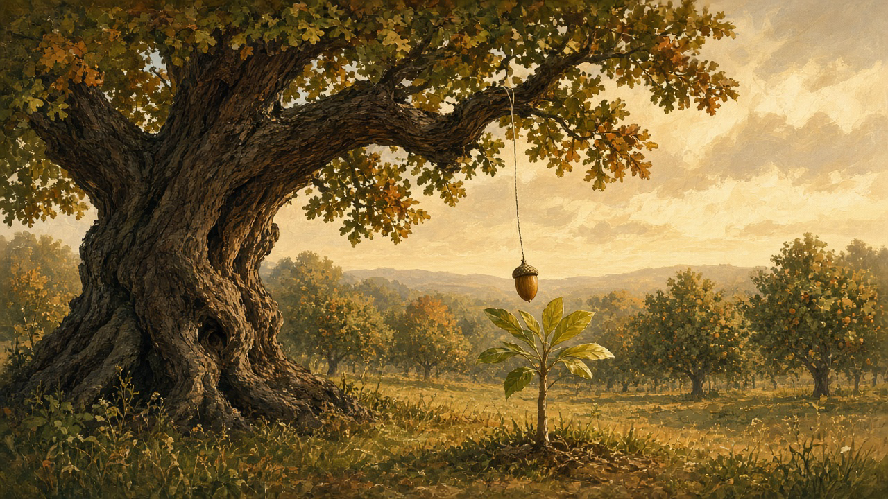 A large old oak in an orchard lowering a single acorn on a thread toward a young sapling below