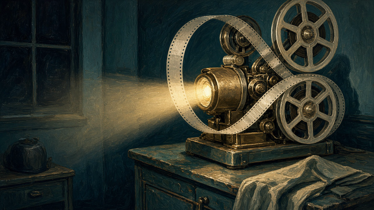 A long strip of film threaded through a projector so that the same section of reel passes the lamp twice in a figure-eight loop