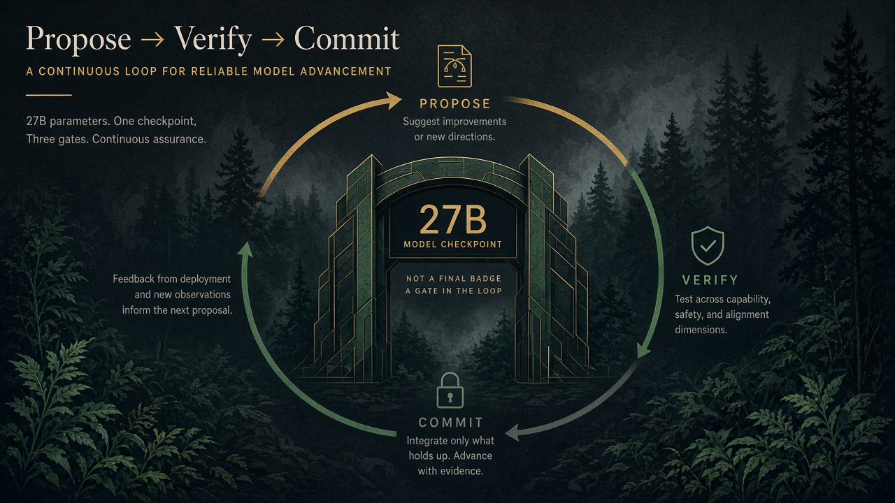 Stylized loop of propose-verify-commit steps around a language model