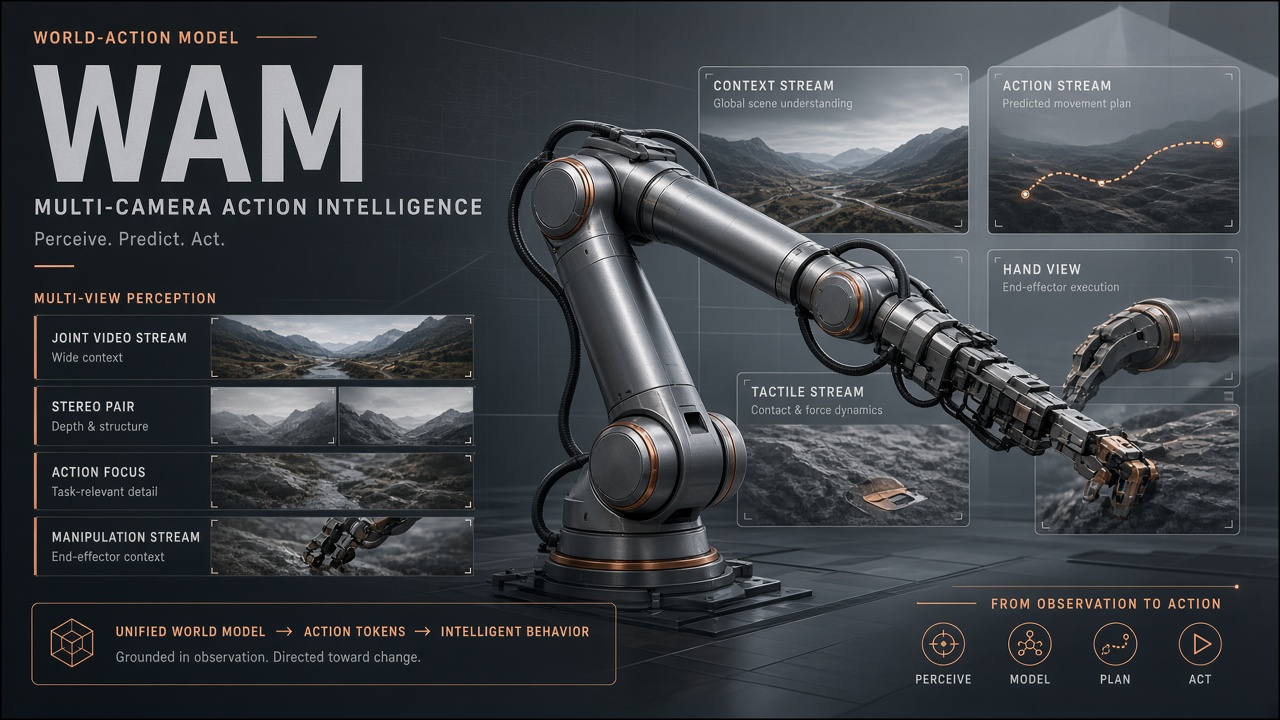 Robot arm and multi-camera feeds feeding a compact action prediction model