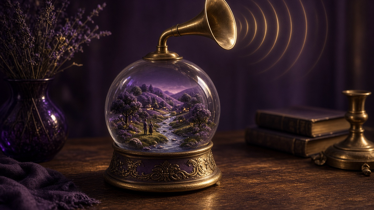A snow globe on a wooden desk holding a tiny living landscape, with a brass gramophone horn rising out of its glass dome