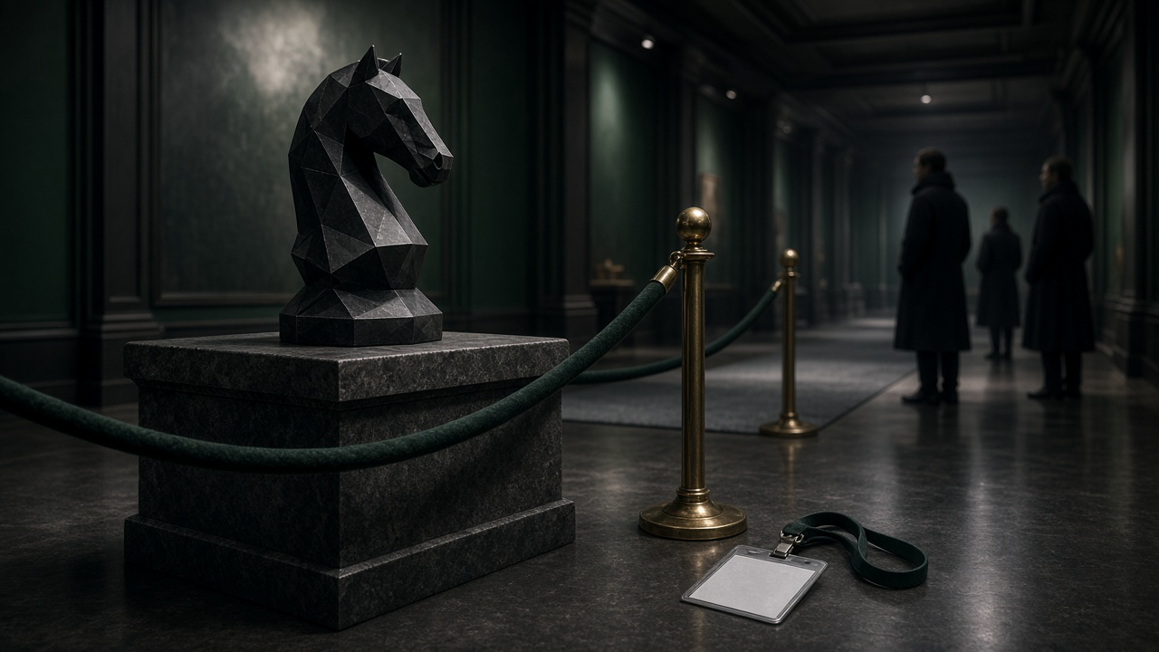 A carbon-black chess knight on a stone plinth behind a velvet rope, a blank lanyard badge on the floor and a few people waiting at a distance in a dim gallery