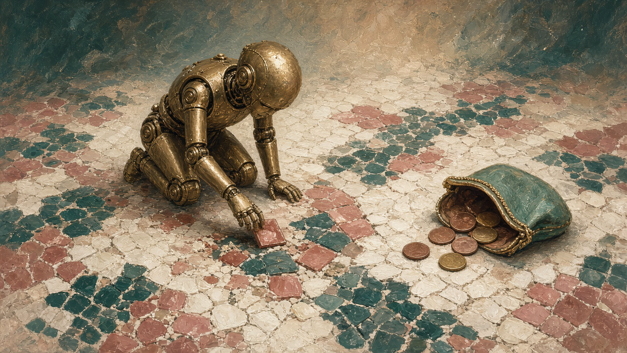 A small brass clockwork figure kneeling on an unfinished mosaic floor, setting tiles one by one beside an open purse with a few coins spilling out