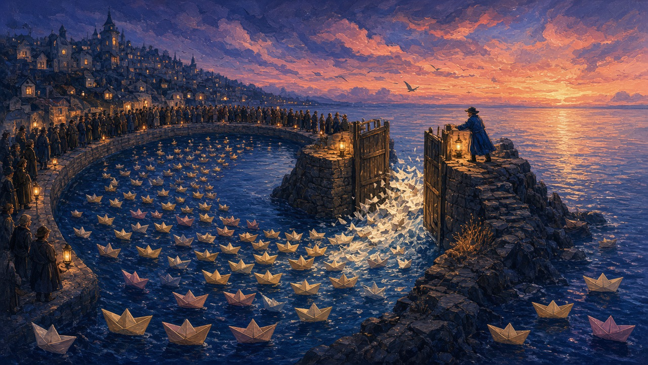 A harbor keeper at dusk opening a lock gate wider as a crowd of small paper boats flows through