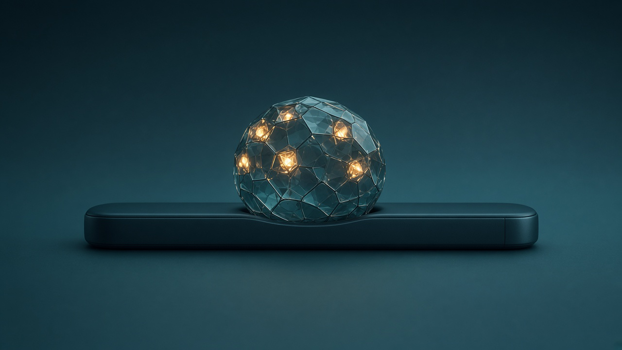 A faceted teal sphere with only a few cells glowing amber, resting on a slim device