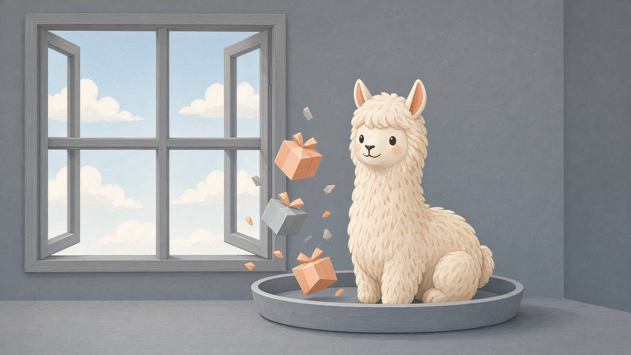 A llama figurine sits in a slate tray beside an open window as peach packages drop in
