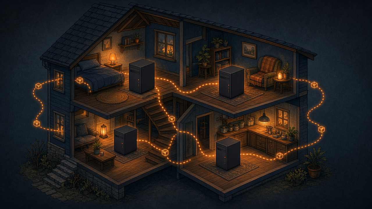 A cutaway house at night with closed computer towers in each room, linked by a glowing dotted path of small parcels
