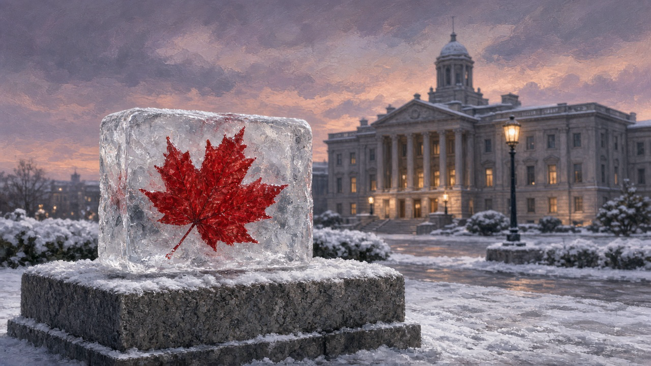 A red maple leaf frozen into a clear block of ice on a granite plinth in a snowy plaza, with a domed stone government building behind it at dusk