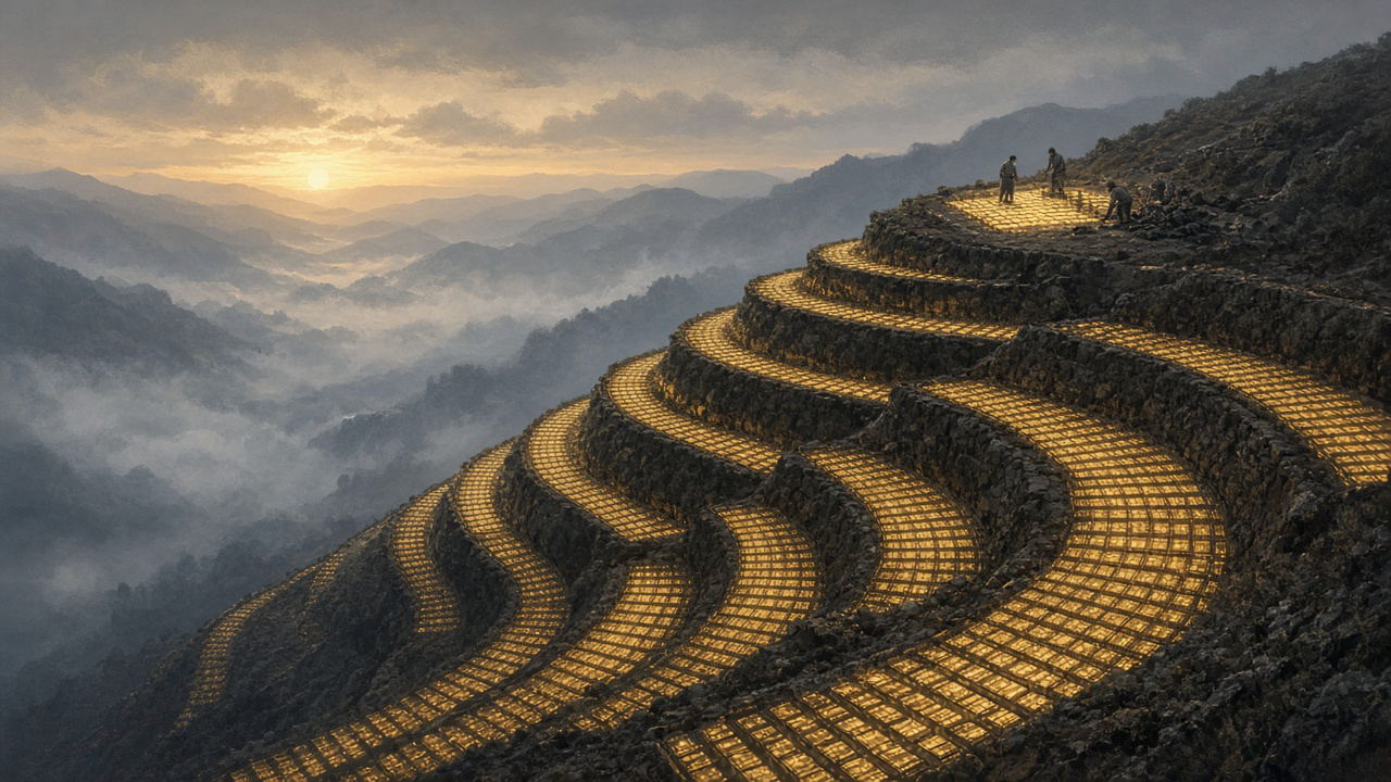 Mountain terraces at dawn paved with glowing gold chip tiles above a misty valley, with workers laying a new terrace at the top