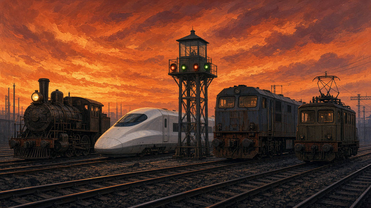 A railway switching yard at dusk where several differently shaped locomotives wait on parallel tracks, a single signal tower directing each train to its own line