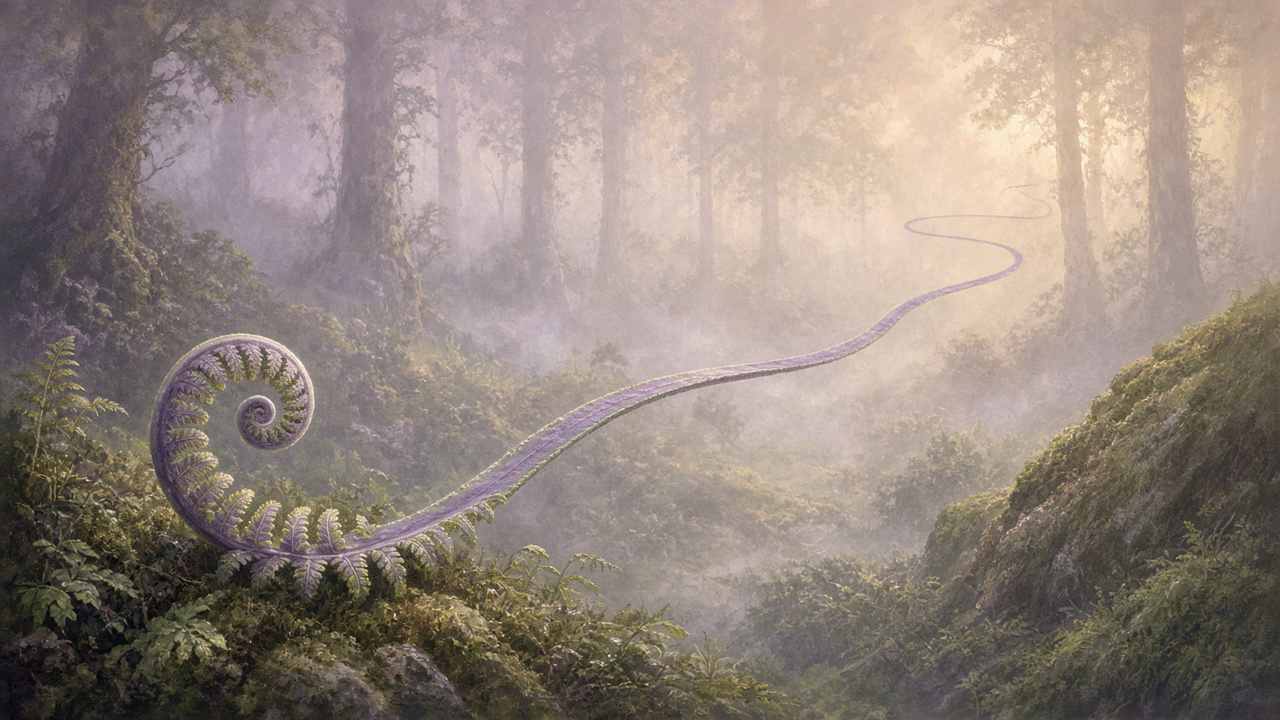 A young fern frond in a misty forest, its uncurling stem stretching into an impossibly long ribbon that winds far into the distance