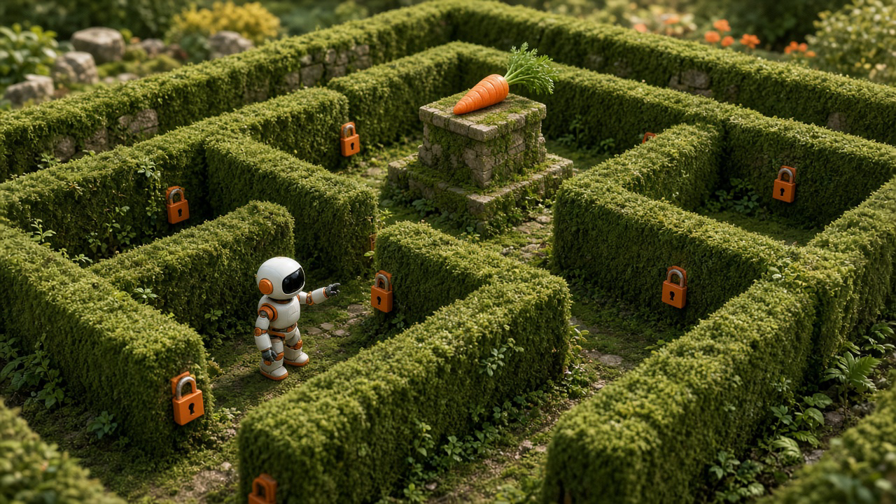 An AI agent working inside a locked sandbox while a separate grader scores only a sealed copy of its answer