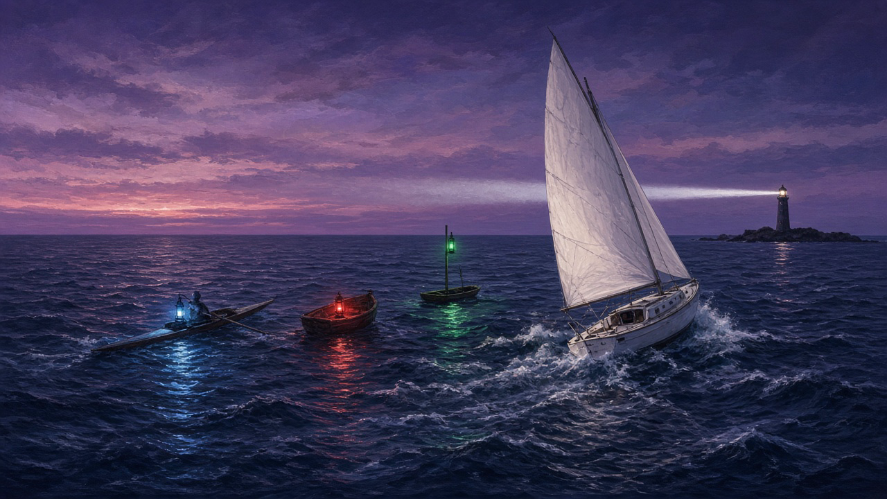 A white sailboat at dusk running before a strong wind toward a lighthouse, escorted by three different lantern-lit boats glowing blue, red and green