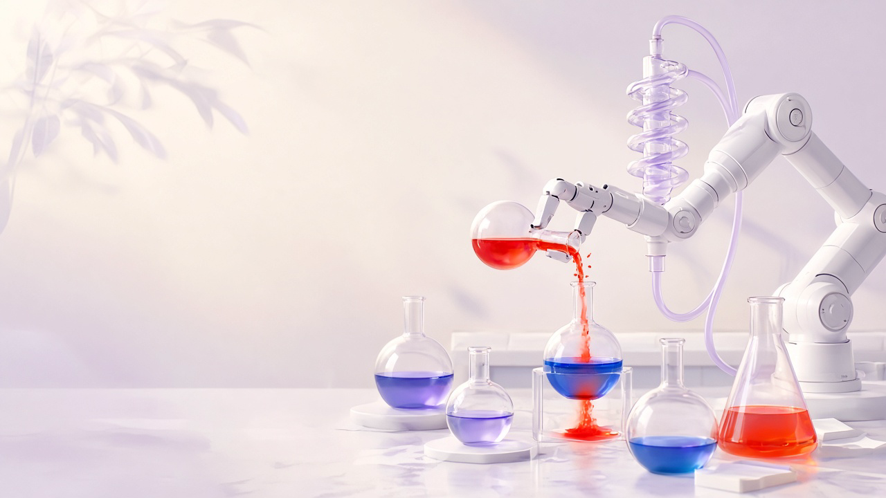 A white robotic arm pours red liquid between glass flasks on a bright lab bench beside a coiled condenser