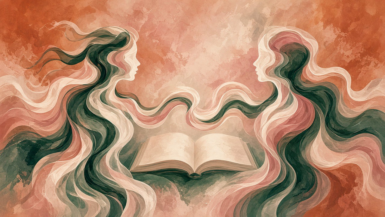 Two figures made of flowing terracotta, blush and green ribbons face each other, their ribbons meeting above an open book with blank pages